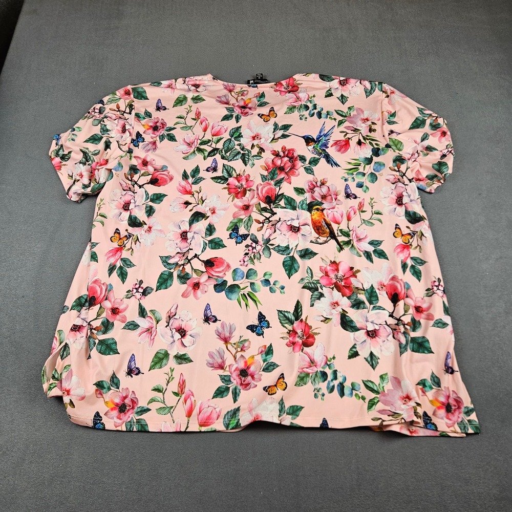 Antthony Original Pink Floral Hummingbird Butterfly Top 1X Short Sleeve Blouse - Picture 6 of 6
